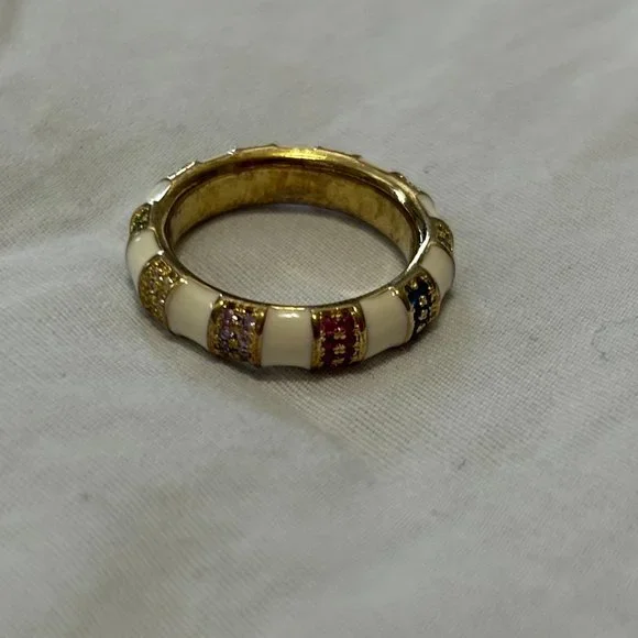 Gemstone Gold & White Enamel Band Ring - Picture 2 of 6